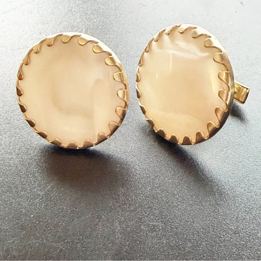 Vintage Pearl Cream Faux Moonstone Cabochon Cuff Link Set Gold Crimped Edges